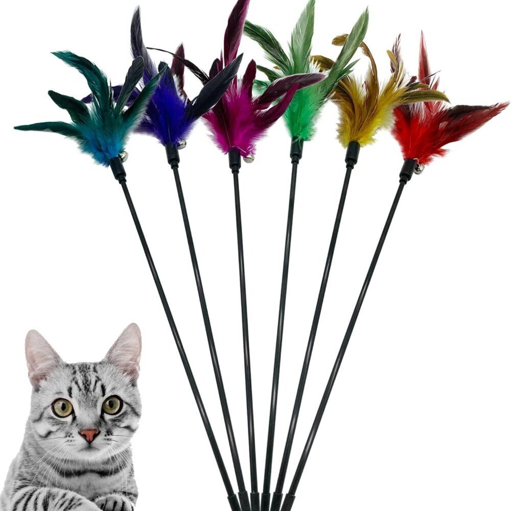 Cat Wand Toy Feather Stick Cat Toys, 6 Pieces Interactive Cat Toy Feathers Wand